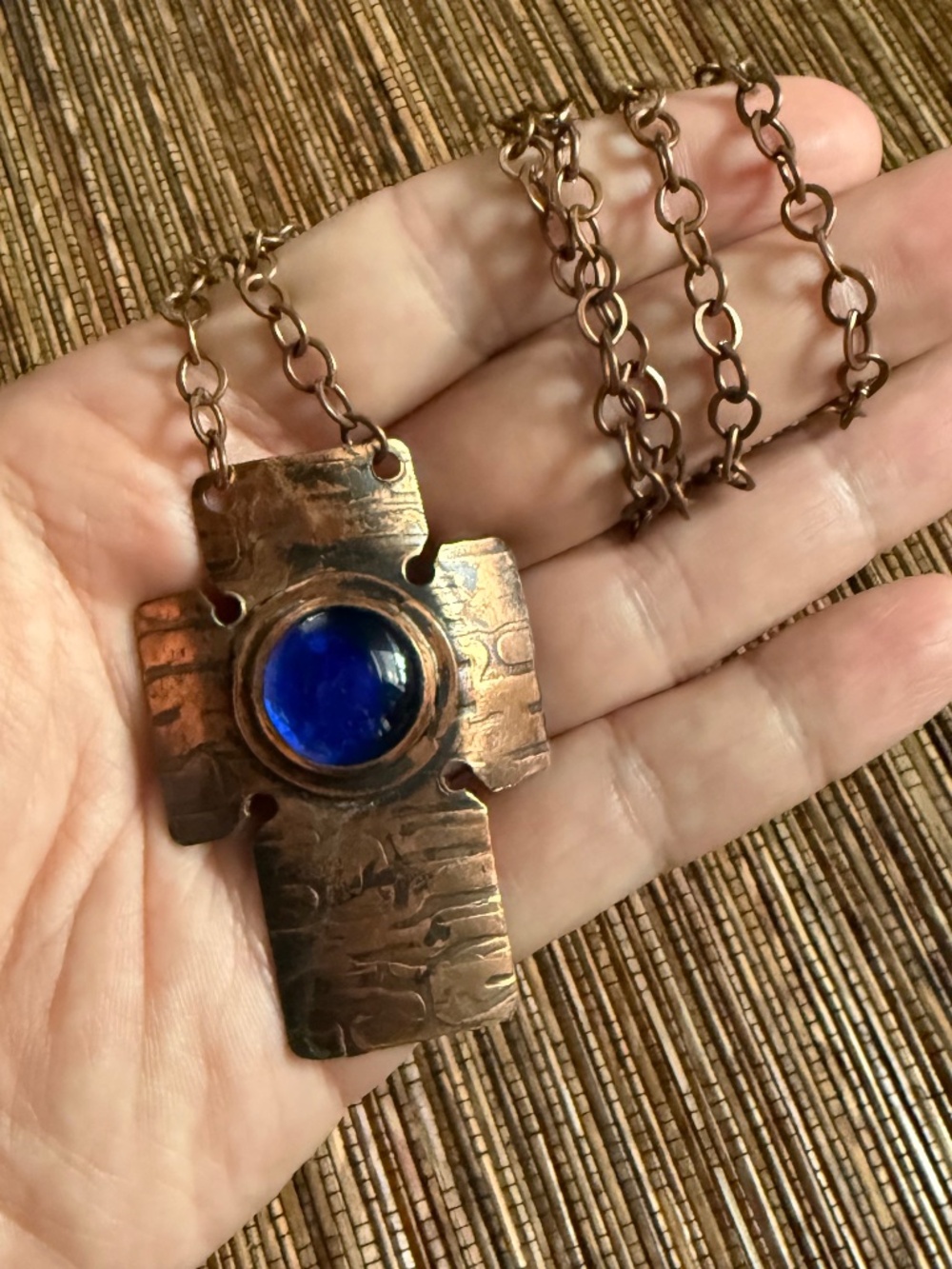 Rafael Canada Cross Necklace Copper Blue Glass Alfandary Modernist Brutalist MCM